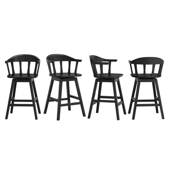 Carolayne Set of 4 Wooden Swivel Bar Stools, Windsor Counter Height Chairs with Semi-Circular Backrest for Kitchen Island, Black