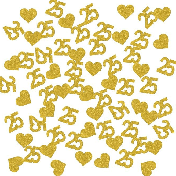 200PCS Gold Glitter Number 25 and Heart Confetti, Birthday Anniversary Party Table Decoration