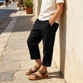 thumbnail image 4 of Kids Linen Cropped Pants Elastic Waist Breathable Thin Ankle Trousers, Summer Casual Bottoms Black Plus Size Cargo Pants 130, 4 of 9