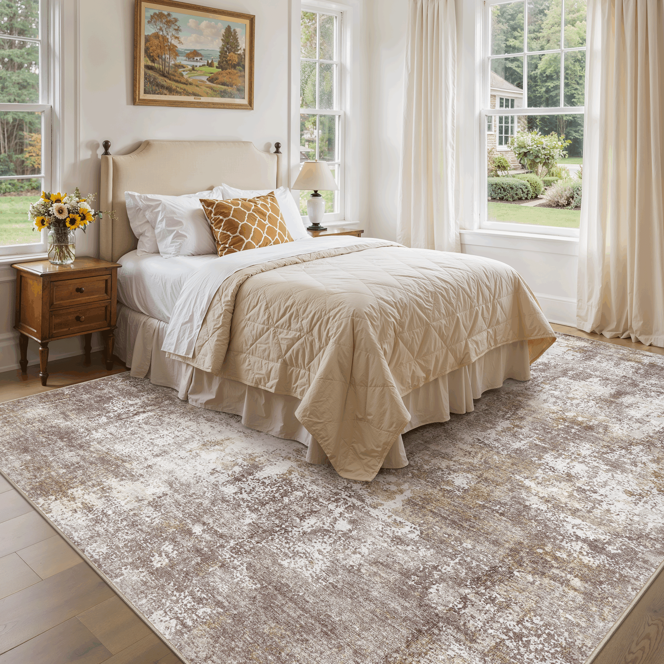 Uermei 9x12 Washable Area Rug: Modern Abstract Soft Non-Slip Indoor Large Rugs - Low Pile Stain Resistant Foldable Carpet for Living Room Bedroom Dining Room Office Home Decor - Golden Brown