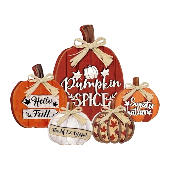 5Pcs Rustic Wooden Pumpkin Sign for Autumn Decor, Farmhouse Harvest Tabletop Ornament, Wood Fall Decoration for Home Kitchen, Seasonal Desk Accents H