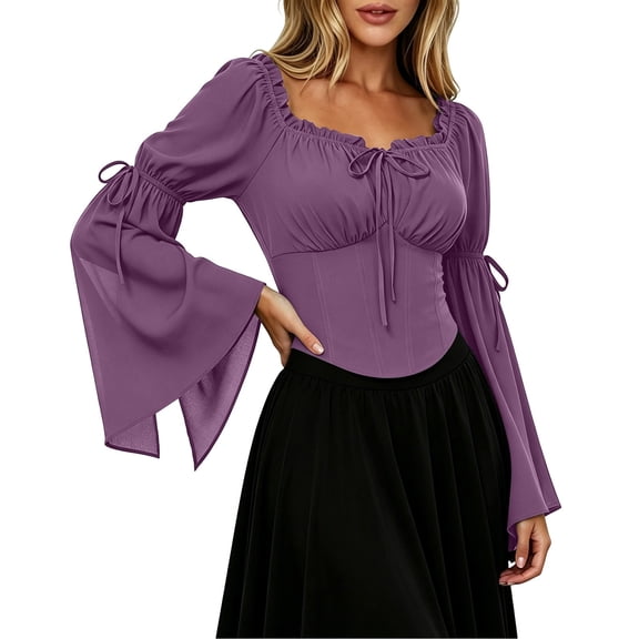 WAYUTE Pirate Costume for Women Square Neck Flared Sleeve Solid Color Slim Fit Lace Up Blouse Tops Party Outfit Stylish Stage Performance