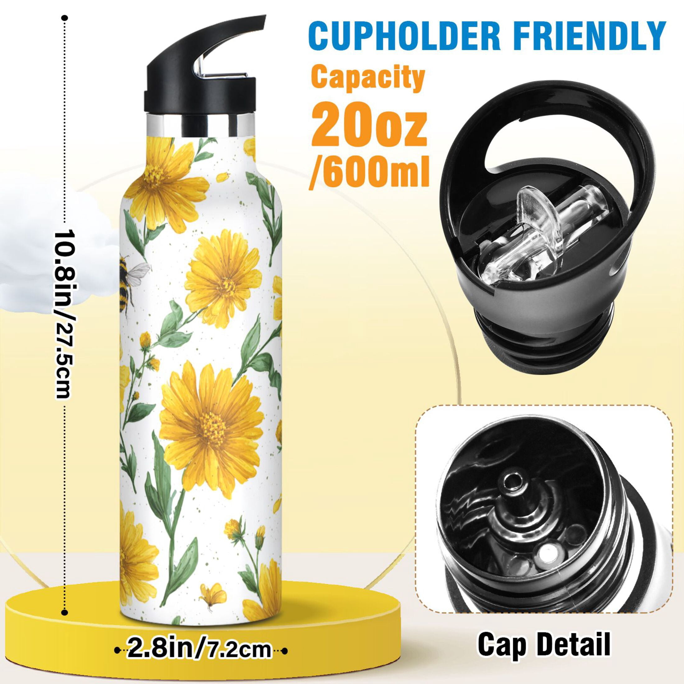 Kids Insulated Stainless Steel Sports Water Bottle 600ml (20oz) Daisies and Bees Pattern