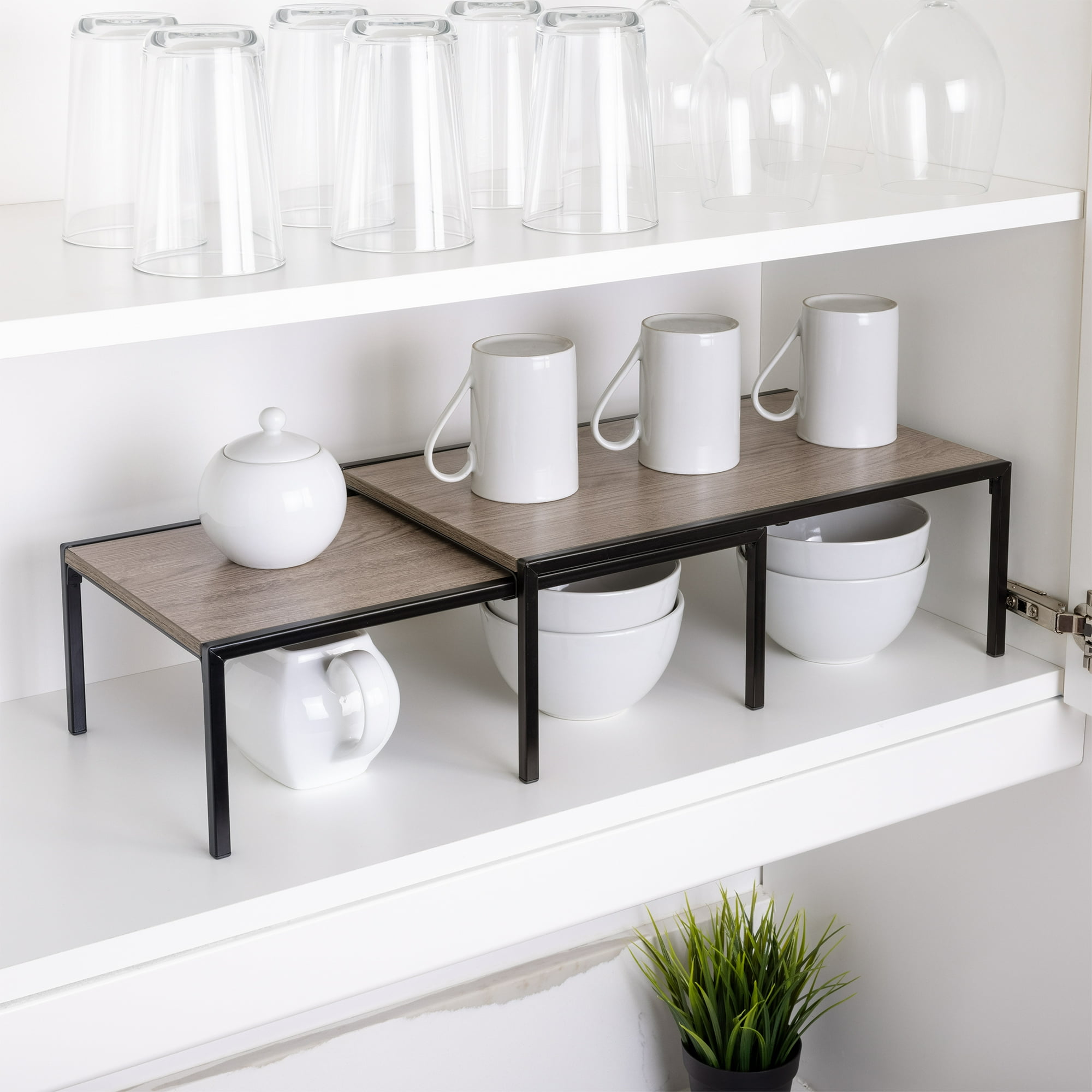 Smart Design Expandable Kitchen Storage Shelf with Premium Wood Accents- Black