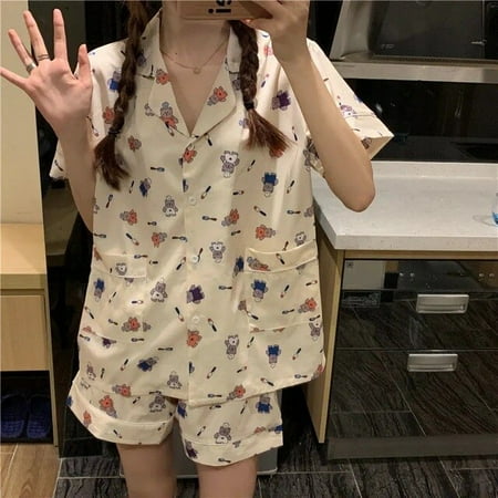 

CoCopeaunt Pajama Sets Turn-down Collar Short Sleeve Women Summer Grid Printed Cartoon Thin Kawaii Trendy Womens 2pcs Pyjamas Elegant