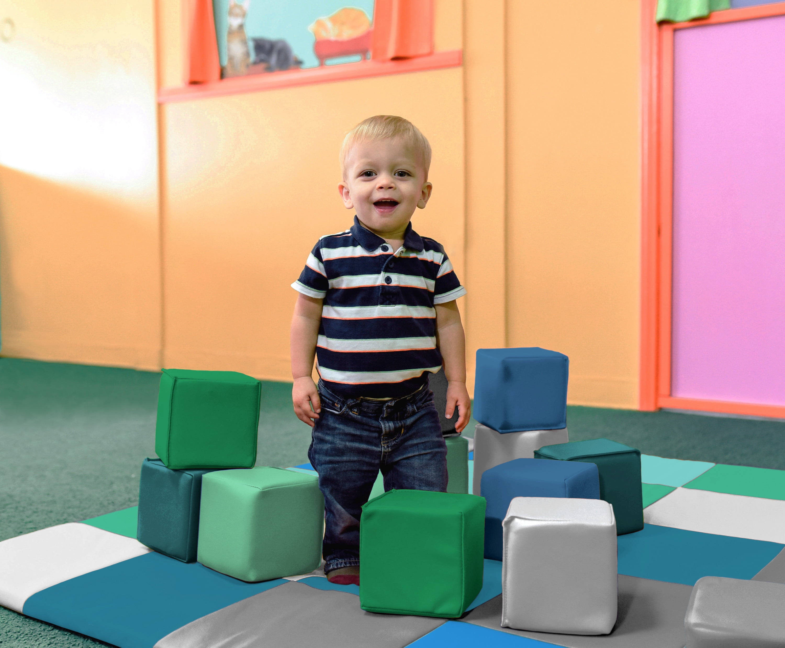 ECR4Kids SoftZone Patchwork Toddler Activity Mat and 12 Stacking Block Set - Contemporary