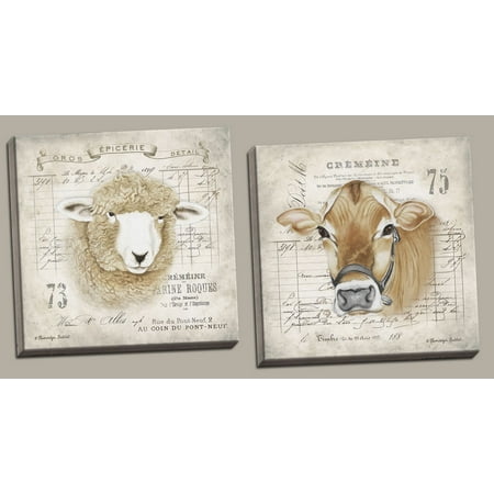 Lovely French Farm Animals Cow And Sheep Country Decor Two Lovely French Farm Animals Cow And Sheep Country Decor Two 16x16in Hand Stretched Canvases