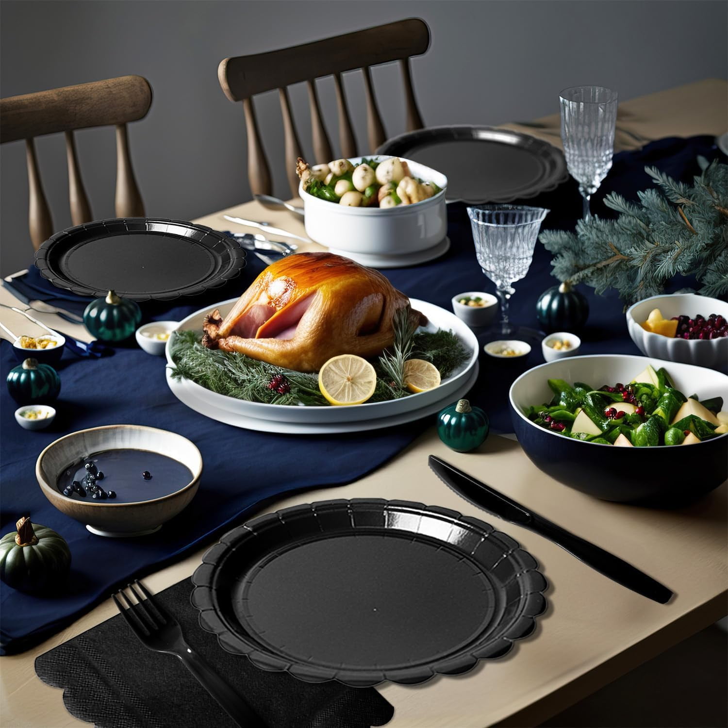 350 Pcs Black Disposable Paper Plates and Napkins Set for 50, 9" Dinner Plates & 7" Dessert Plates, Tableware for Birthday, Graduation, Wedding, Party