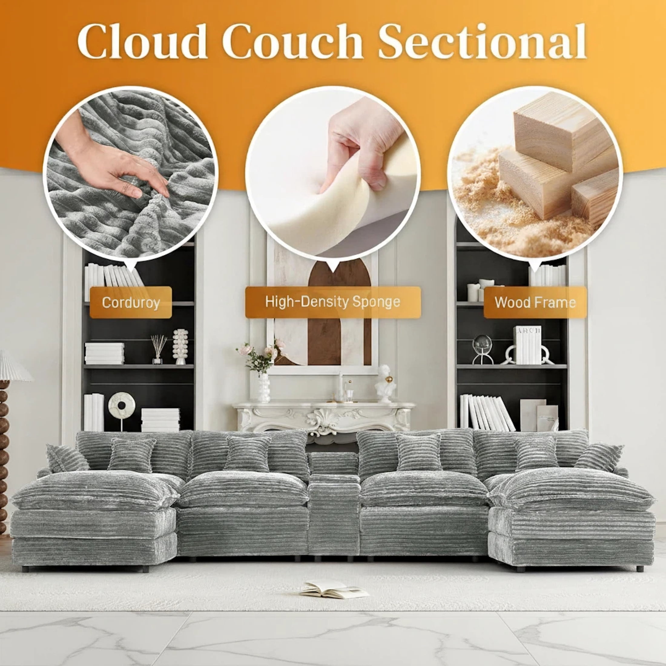 Vinform 145" U Shaped Cloud Couch Sectional with USB Charging, Hidden Storage, Cup Holders & Double Chaise, Light Grey