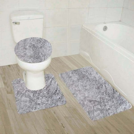 Bath Mats Large Size #9 Silver 3-Piece Solid Plain Shaggy Bathroom Rug Set, Large Bath Mat 20
