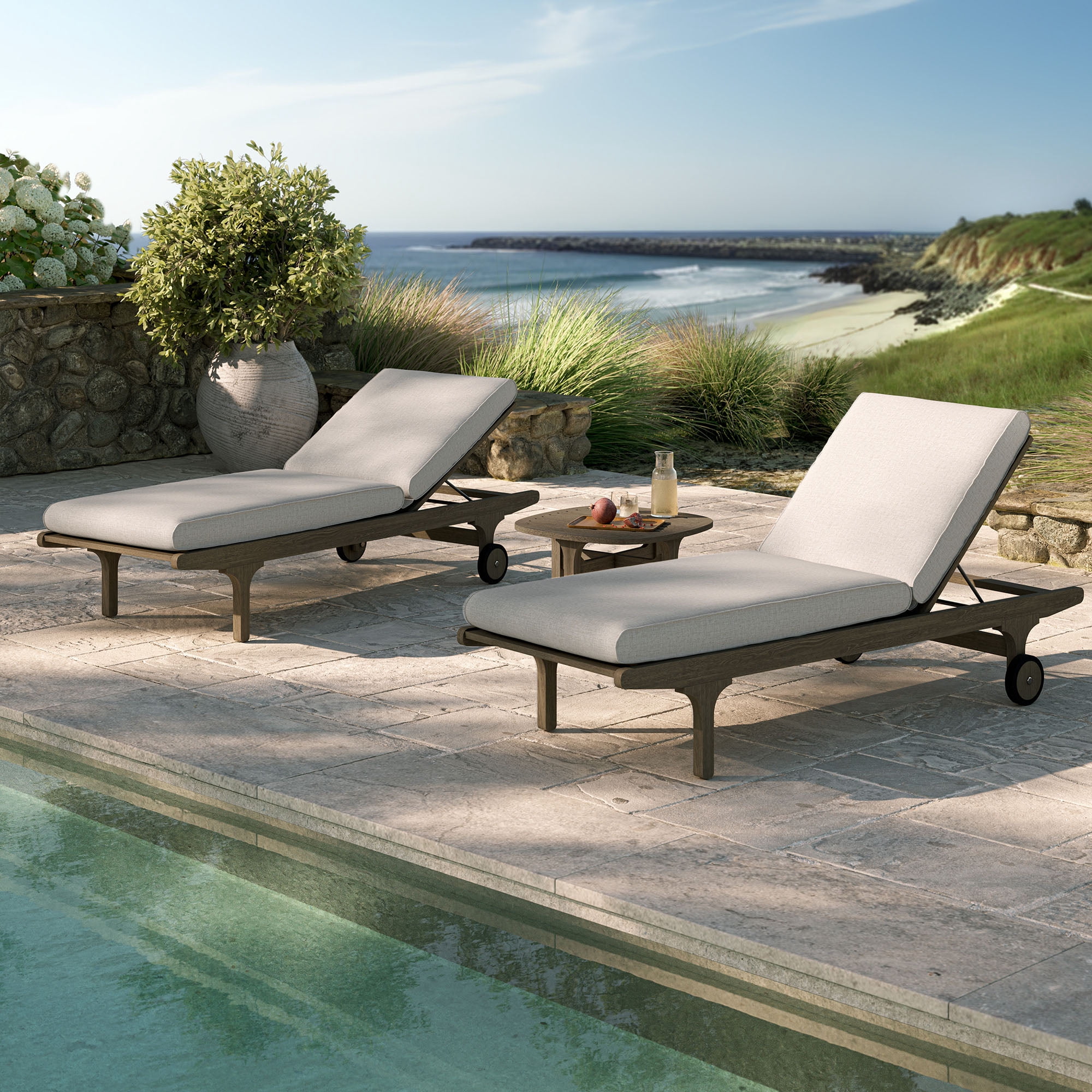Saratoga Outdoor Teak Wood 3-Piece Chaise Lounge Furniture Set in Weathered Gray Pebble