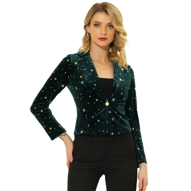 INSPIRE CHIC Chaqueta De Traje De Oficina De Negocios Con Solapa Y 1 Botón De Terciopelo Para Mujer Estrella Verde Oscuro L