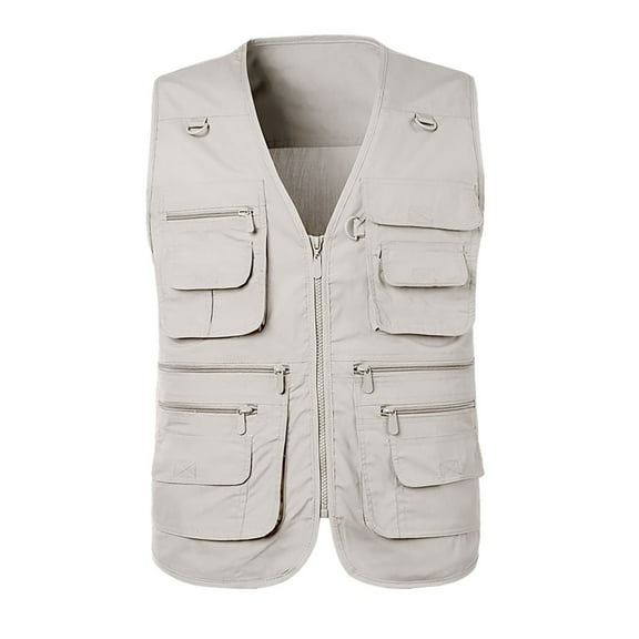 Dyfzdhu Men Multi Pocket Vest Casual Outdoor Fishing Sleeveless Plus Size Work Vests Beige