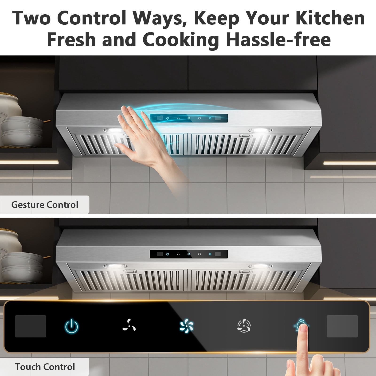 Zomagas 30" Stainless Steel Under Cabinet Range Hood: 800 CFM, Gesture & Touch, Ducted/Ductless
