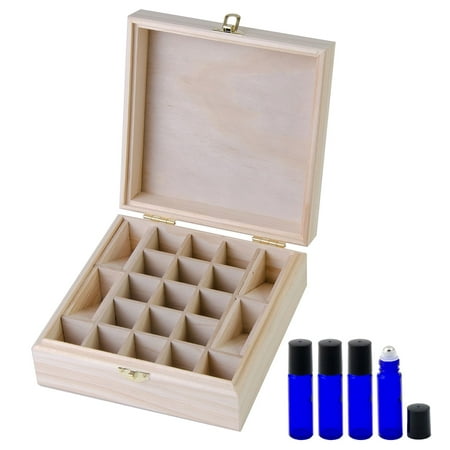 Wooden Essential Oil Box Organizer w/ 4 Rollon Bottles & 25 Pipettes - Holds 17 5-15ml Essential Oil Bottles & 4 10ml Roller Bottles (21 Total Essential Oils) - Perfect for Travel &