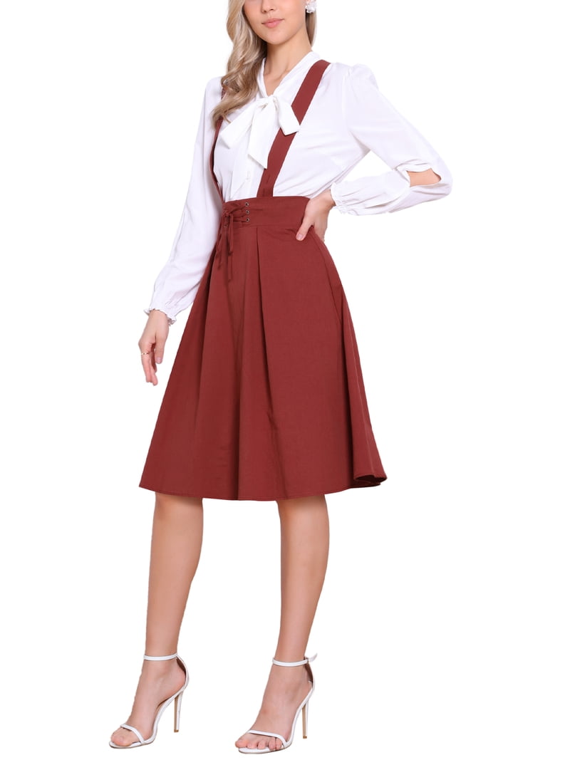 Inspire Chic Women's Cute Suspender Skirt High Waist Overall Corset Skater Skirt Short Midi Dress L Dark Red, Size: Large