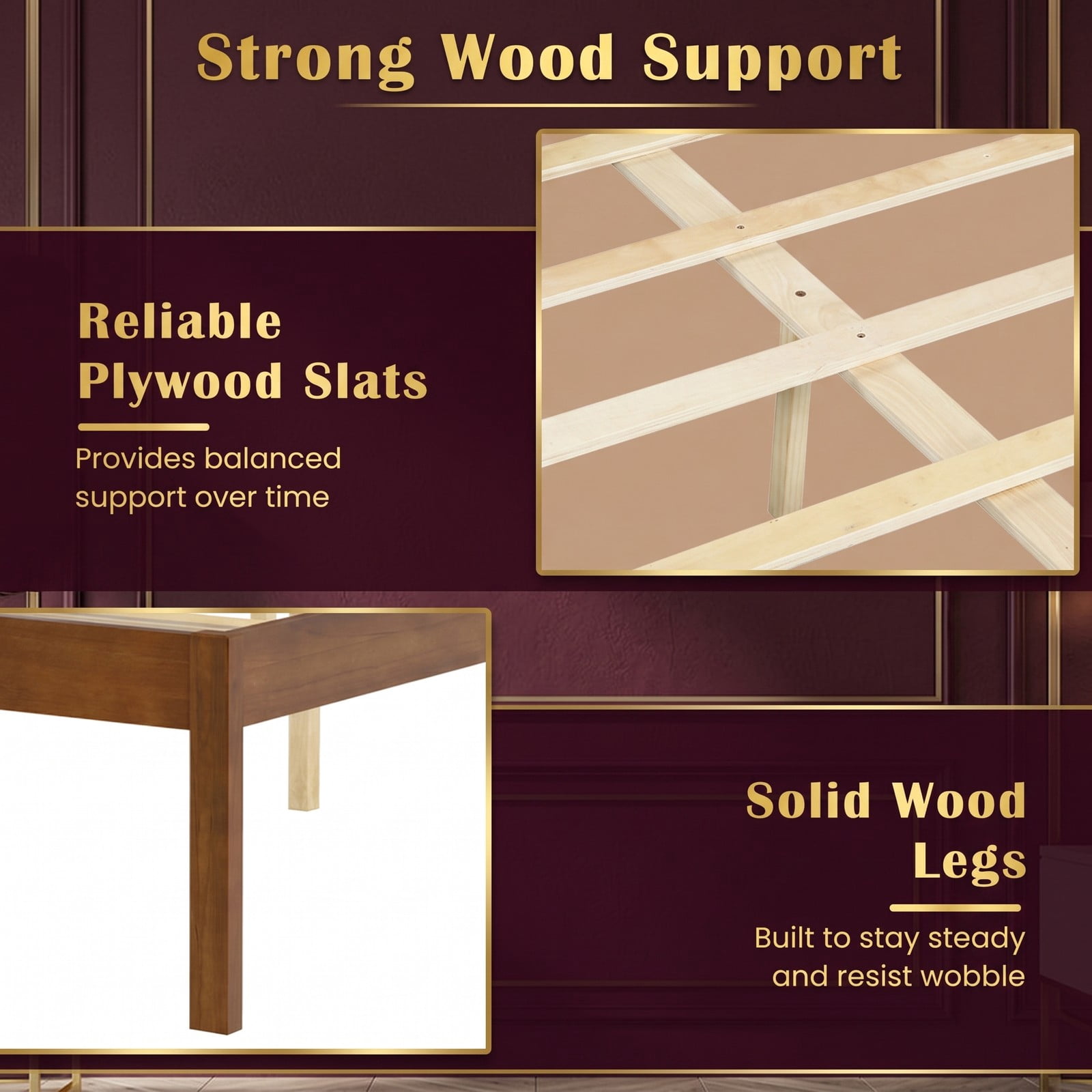 Furnibear Full Size Wood Platform Bed Frame with Paneled Headboard and Plywood Slat Support for Farmhouse Bedroom, Walnut
