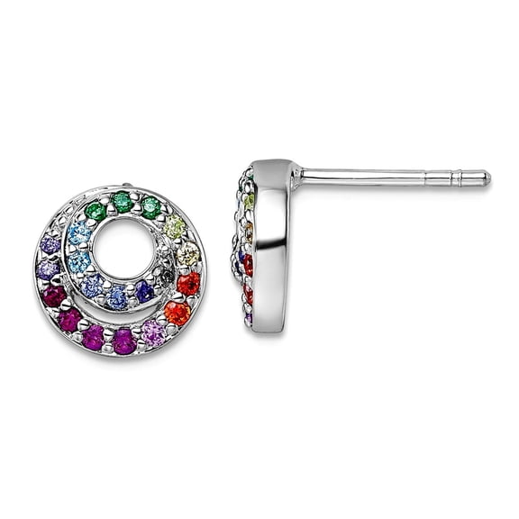 925 Sterling Silver Rhodium Plated Multi Color Cubic Zirconia Double Circle Post Earrings 9.6x9.8mm Wide Stud Earring fo