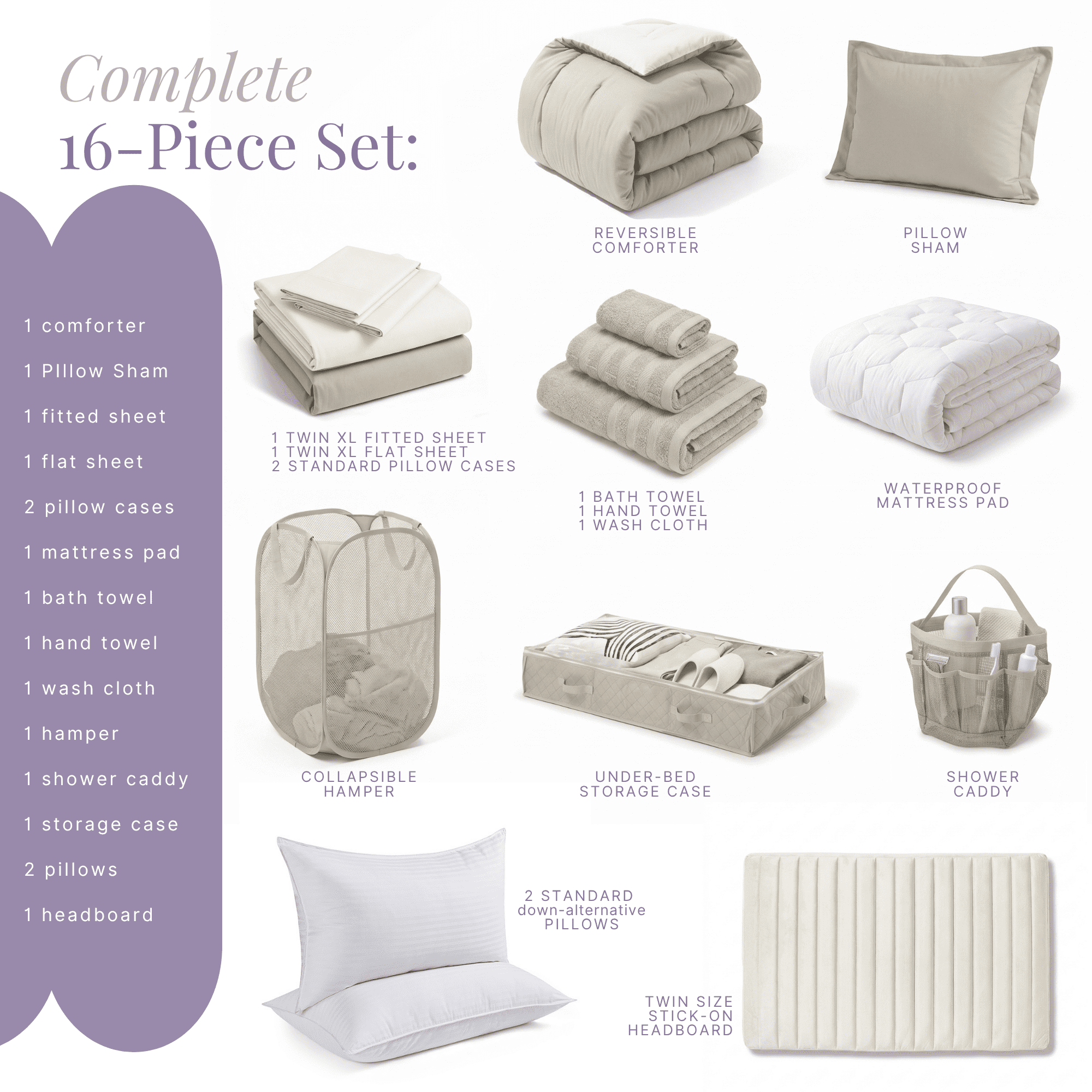 LammaLoe 16 Piece Complete Dorm Room Set, Twin XL Comforter Set, Includes Sheet Set, Mattress Protector, Pillows, Headboard, Towels & Organizers - All Dorm Accessories Included, Linen
