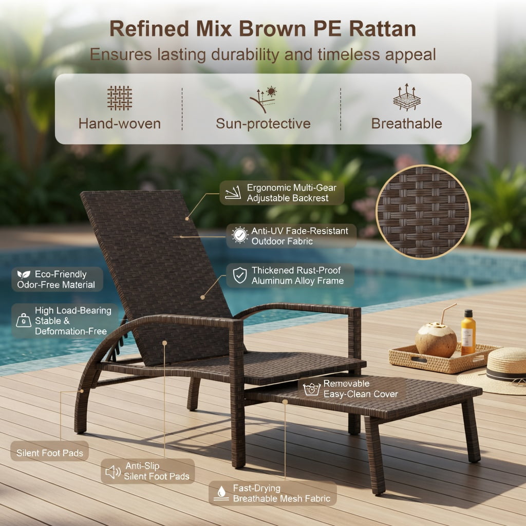 Hommoo Outdoor Wicker Chaise Lounge Chair with Retractable Ottoman, Adjustable 6-Position Backrest, PE Rattan & Steel Frame, Patio Lounger for Backyard, Poolside & Porch, Brown