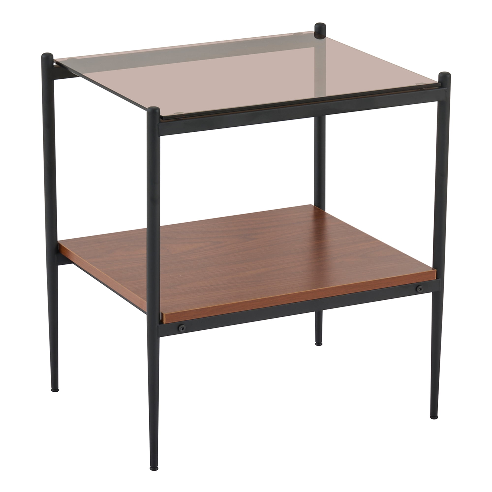 Set of 2 Modern Brown Glass Rectangle End Tables, Tempered Glass Top with MDF Storage Shelf & Iron Legs for Living Room Bedroom