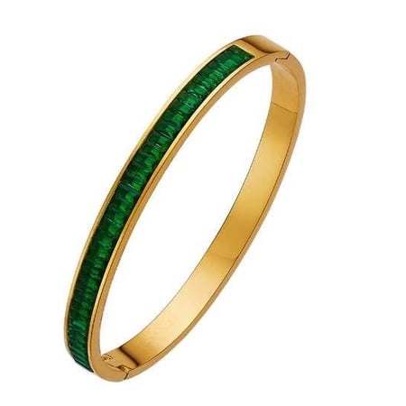 Bonjour Jewelers Yellow Gold Hinged Woman 4CT Created Emerald Bangle Bracelet Plated