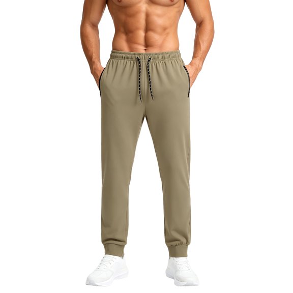 Havenx Men's Athletic Joggers Quick Dry Stretch Pants with Zipper Pockets Elastic Waist Drawstring Pant Travel Fishing Lightweight Breathable Running Gym Trousers,Khaki 2XL