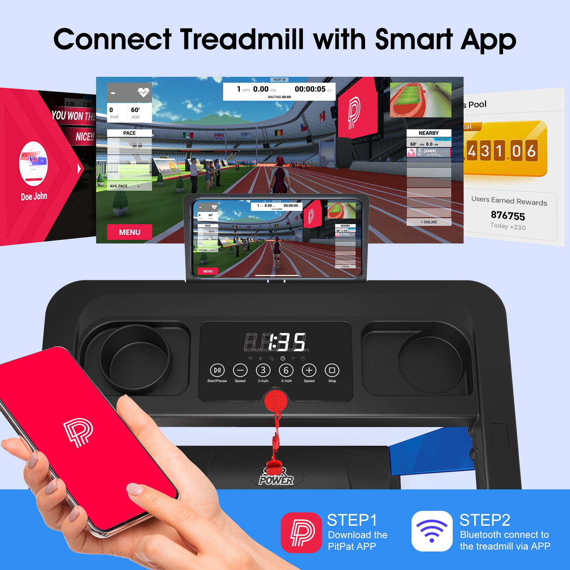 SSPHPPLIE 3HP Folding Treadmill for Home, APP Control , 300LB Walking Pad Running Data Analysis(Red)