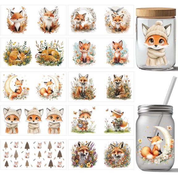 DIY 10 Pcs Fox UV DTF Cup Wrap Transfer Sticker 10 Styles Cute Cartoon Animal Transfer Paper Rub on Stickers PVC Cup Wrap Waterproof Rub Decals for Desk Cup Glass 24x11cm/9.4x4.3inch
