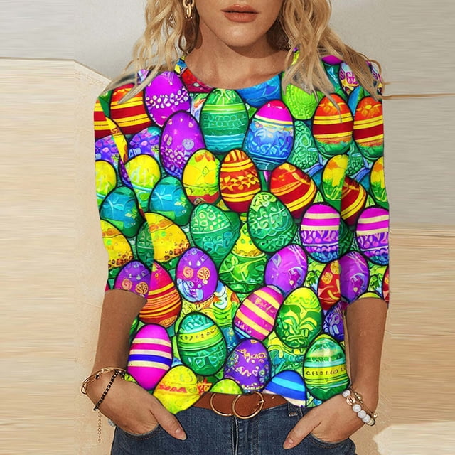Daisyyozoid Chandail Amusant de Pâques pour Femmes, T-Shirt Décontracté à Imprimé d'Oeufs Colorés, Extérieur, Quotidien, Vacances, Manches 3/4, Col Ras du Cou, Vêtement