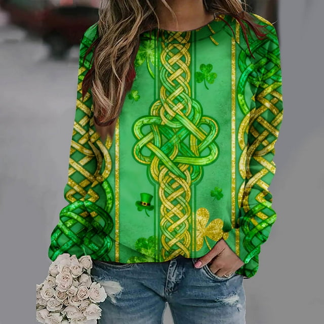 Nuoqisi Chandail de la Saint-Patrick pour Femmes Trèfle Imprimé Manches Longues