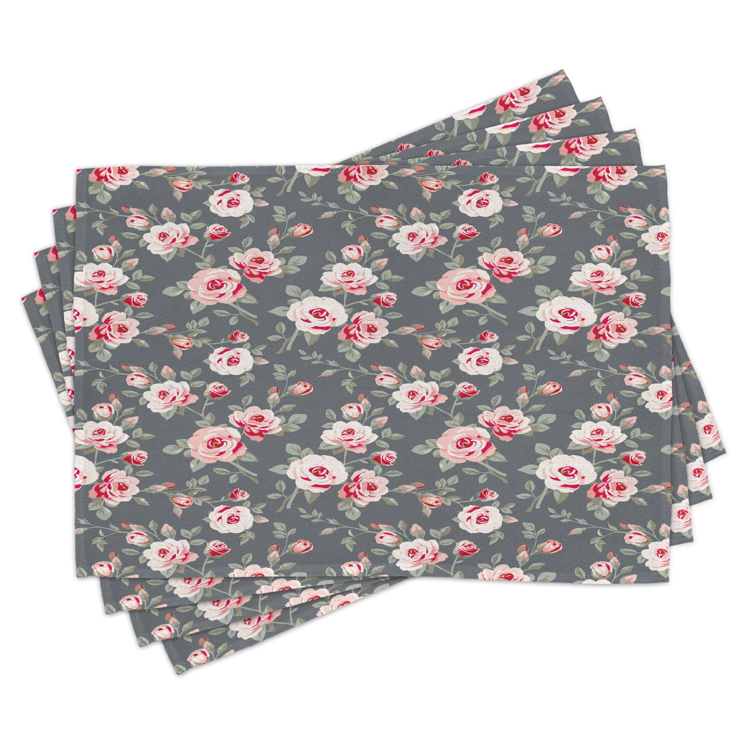 Shabby Chic Placemats Set of 4 Vintage Style Vibrant Roses Leaves Bush