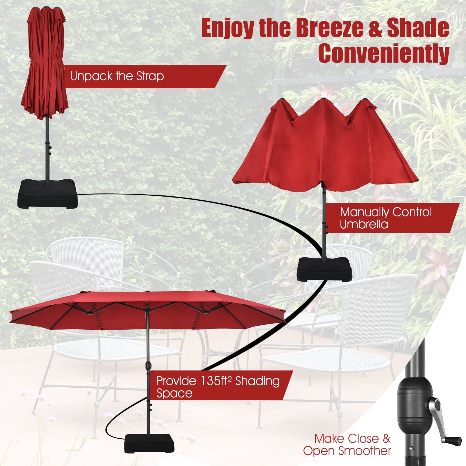 Patiojoy 15FT Double-Sided Twin Patio Umbrella with Base Extra-Large Market Umbrella for Outdoor Red