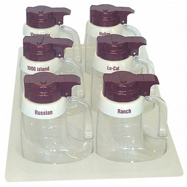 TableCraft 483 Salad Dressing Dispenser Set, includes (1) 20-5/8" x 12-5/8" plastic tray, (6) clarified polypropylene dispensers with maroon ABS tops,, 1 each