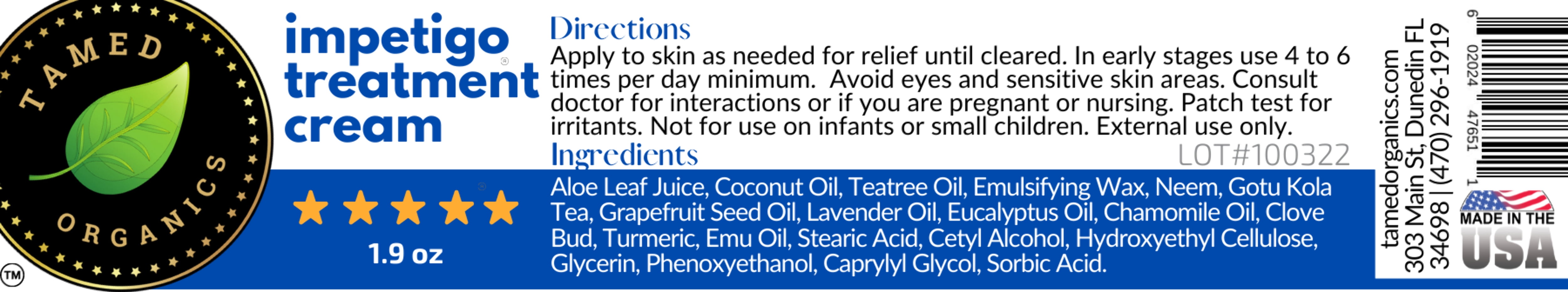 Impetigo Natural Topical Relief Treatment  Cream Over The Counter by Tamed Organics Brand