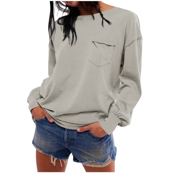Busydd Sweatshirt for Women Fashion Long Sleeve Crewneck Sweatshirts Chest Pocket Orange Sweatshirt Lightweight Hoodie Women Fall Sweatshirt Casual Solid Color Pullover Tops