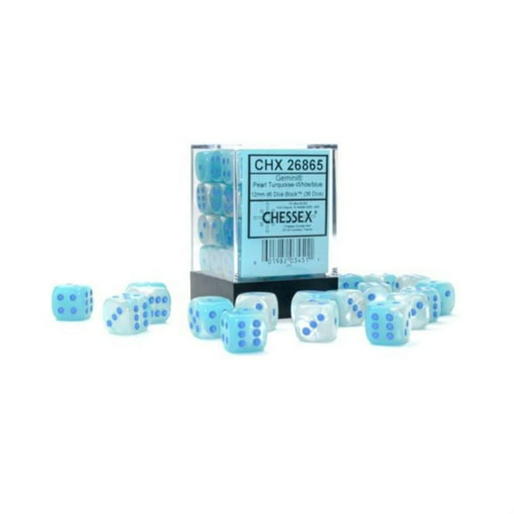 Chessex Dice Set - 12mm Gemini: Pearl Turquoise-White/Blue Luminary Dice Block - Dungeons and Dragons D&D DND TTRPG Dice - Includes 36 Dice - D6
