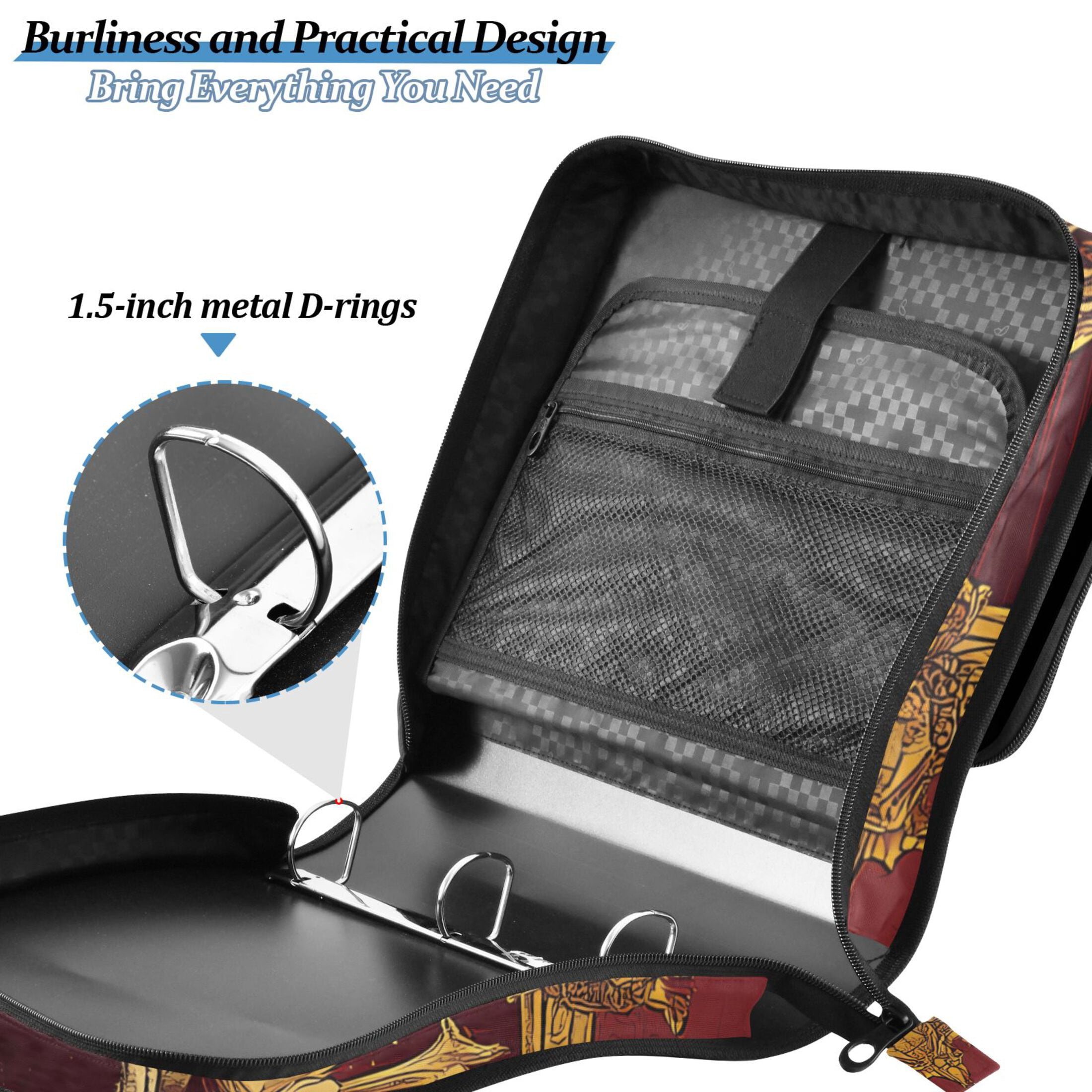 3 Ring Zipper Binder with Shoulder Strap Waterproof Trapper Keeper 2 Inch D-Ring 500 Sheets Capacity Medieval Skeleton