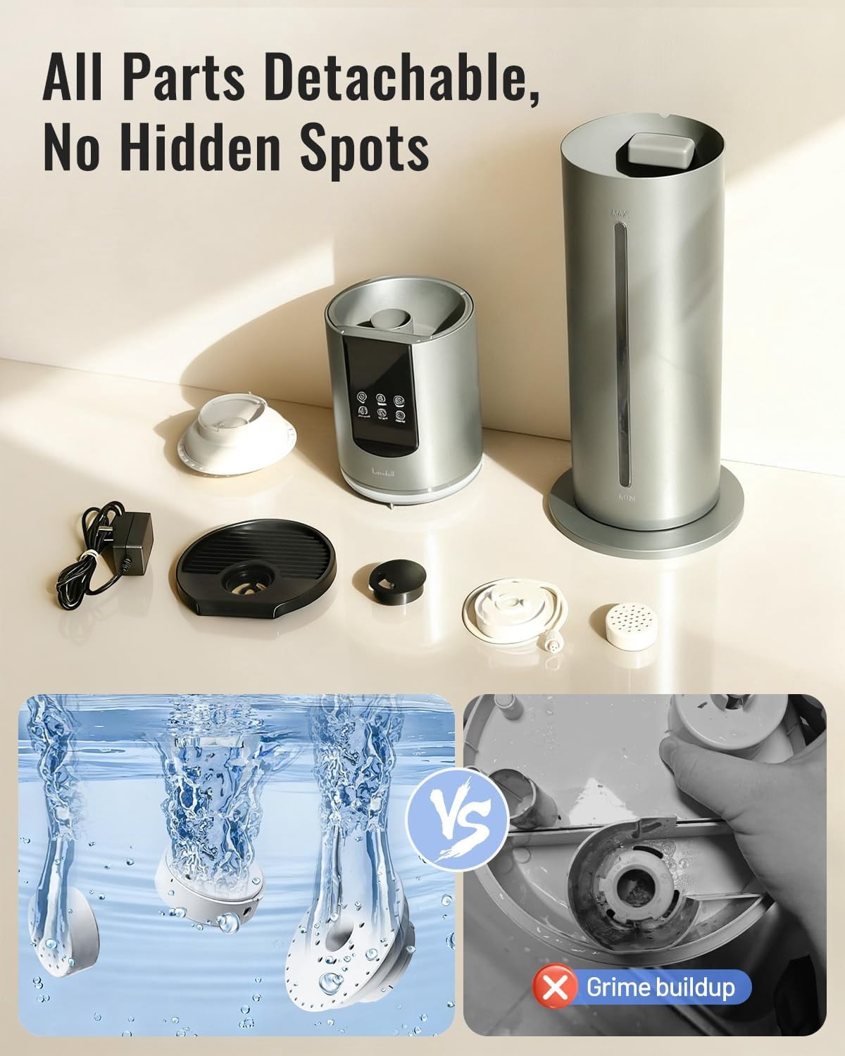 8L Ultrasonic Cool Mist Humidifier for Bedroom Large Room, Easy Clean Washable Parts, Grey