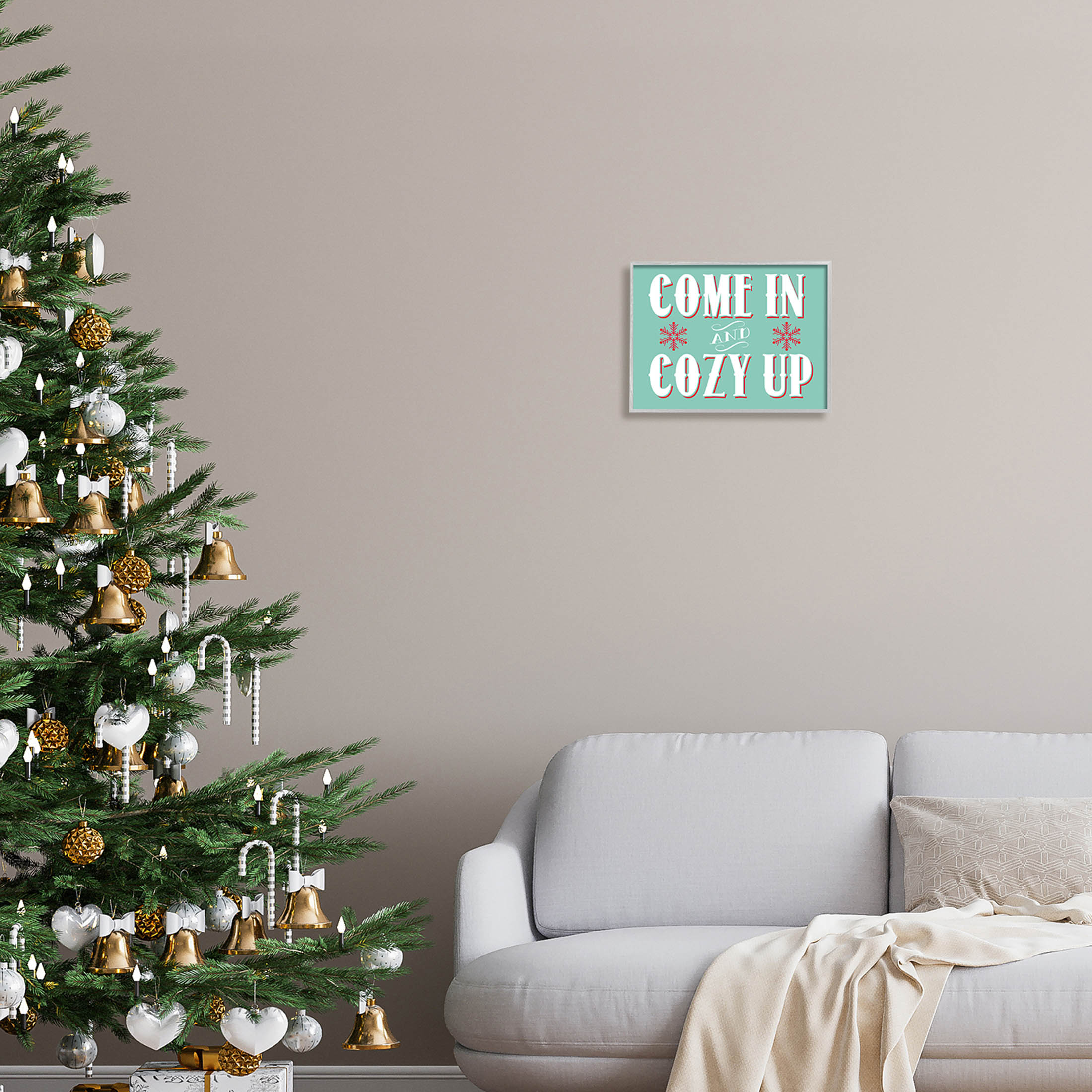 Come In & Cozy Up Snowflake Phrase Holiday Graphic Art Gray Framed Art Print Wall Art