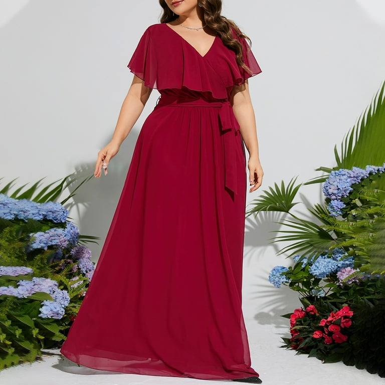 UPPADA Women Plus Size Maxi Dress Cocktail Wedding Guest Dress Short Sleeve  Wrap V Neck Formal Dress High Low Split Ruffle Long Dress for Curvy Women  Red,XXXXL - Walmart.com