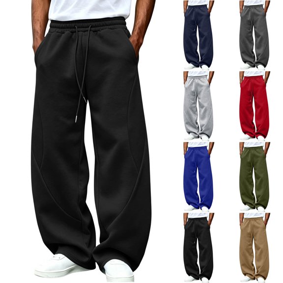 Men's Sweatpants Elastic Waist Drawstring Wide Leg Curved Seam Design Loose Straight Leg Draped Casual Streetwear Solid Color long Sweatpants with Side Pockets