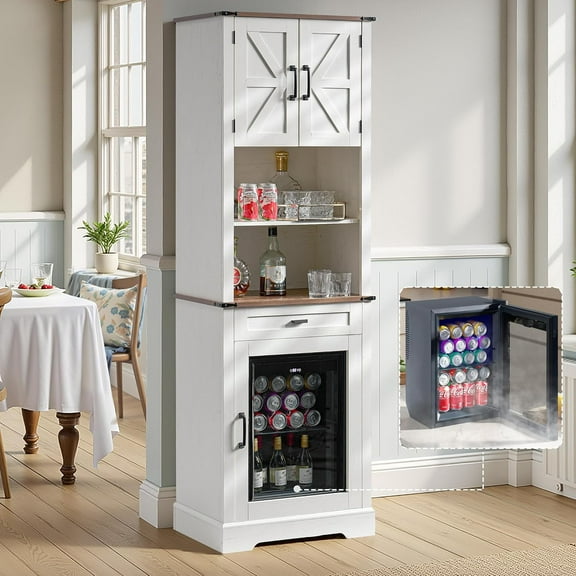LUXOAK Bar Cabinet with Fridge (Included), 69" Farmhouse Wine Cabinet with Storage Drawers & Adjustable Shelves, Coffee Bar Cabinet for Home bar, Dining Room, Living Room