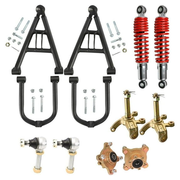 300mm 12" Front Suspenion Upper Lower Shock Swing Arm Kit & Steering Knuckle 4 Stud Wheel Hub & 350mm 13.8" Shocks & Tie Rod End for DIY Part Go Kart ATV Quad Buggy 4 Wheeler