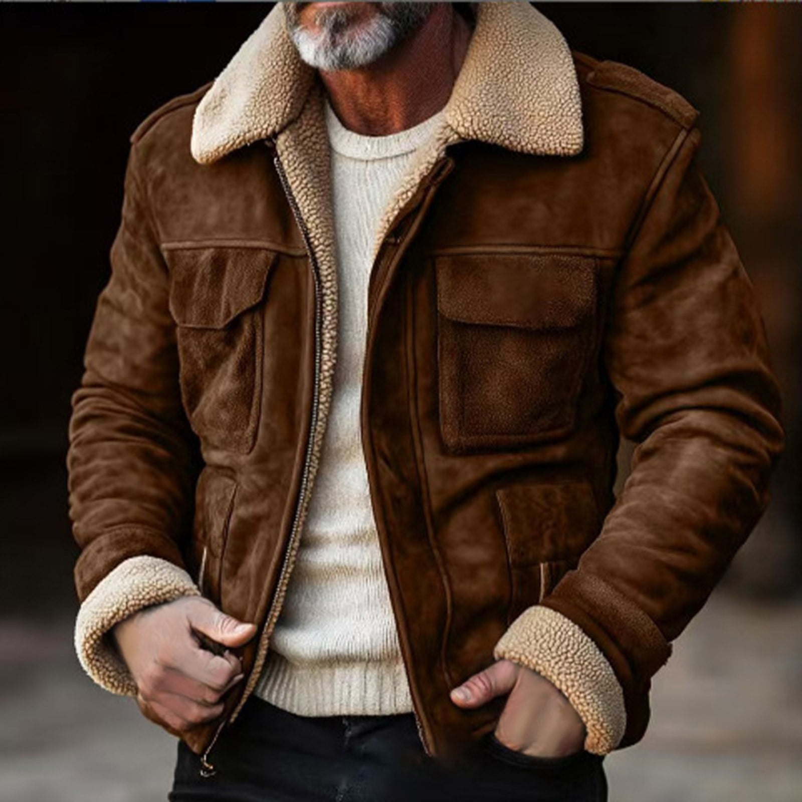 YLSDY Mens Shearling Bomber Suede Jacket Winter Warm Faux Leather Suede Jackets Vintage Sherpa Lined Fleece Overcoats Coffee XXXL
