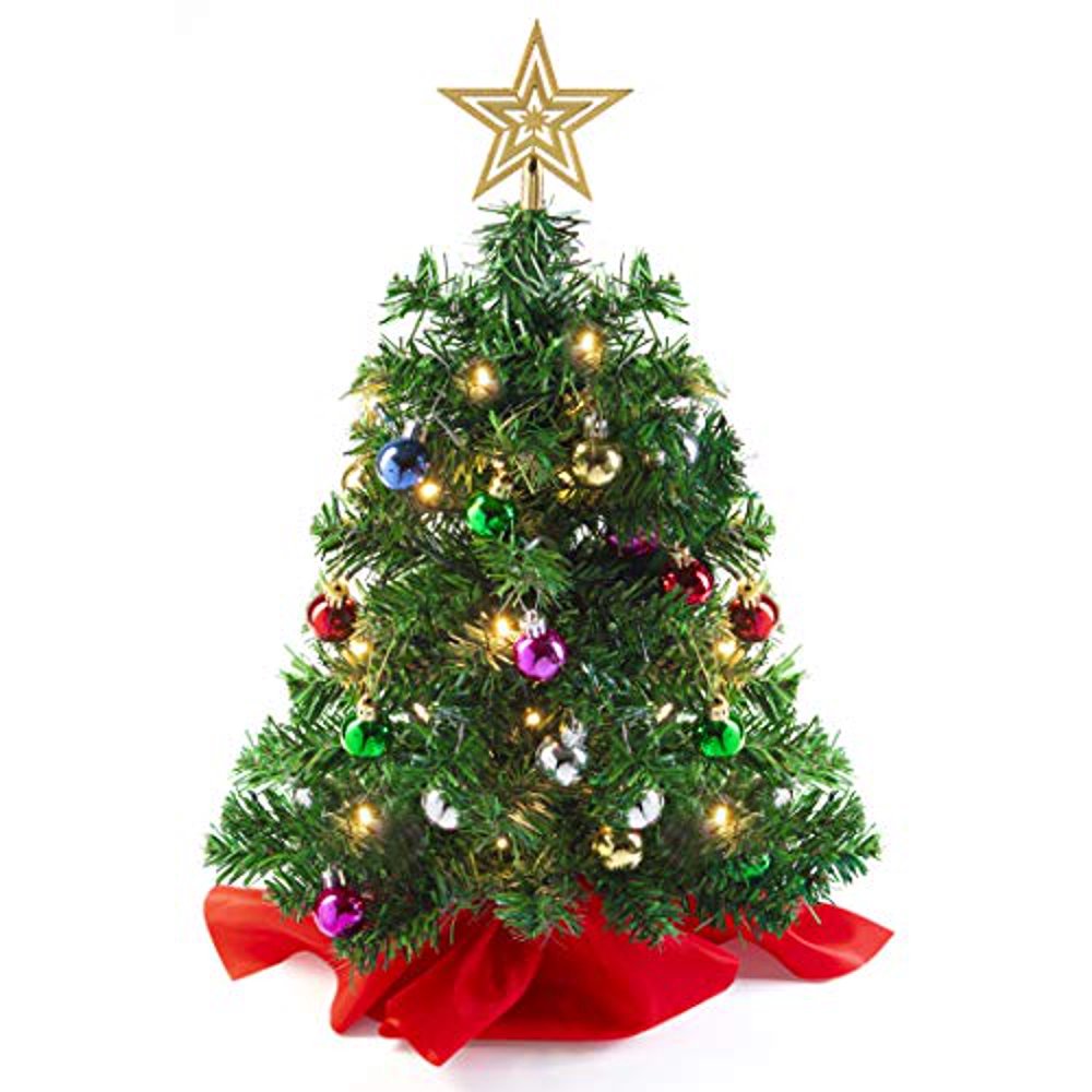 Tabletop Mini Christmas Tree Set with WarmWhite LED Lights, Star Treetop and Hanging Ornaments
