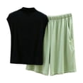 thumbnail image 2 of Costeam Womens Mock Neck Short Sleeve Top and Elastic Waist Wide Leg Capri Pants Two Piece Knit Loungewear Set Dual Side Pockets Relaxed Fit Solid Co Ord Outfit, 2 of 6