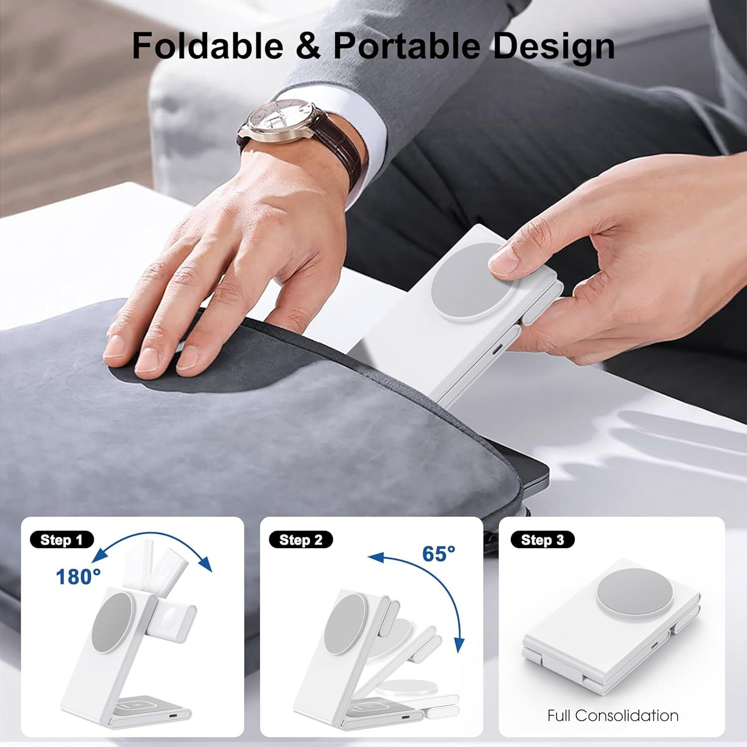 FungLam 3-IN-1 Fast Wireless Charger Station Foldable For Apple Watch & iPhone 17 16 15 14 13 12 11 X Pro Max - Fast Charging Dock Compatible for Apple Watch & AirPods 4 3 Pro White