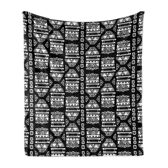 Aztec Soft Flannel Fleece Blanket, Doodle Illustration of Traditional Triangles Squares Strokes and Zigzags, Cozy Plush for Indoor and Outdoor Use, 70" x 90", Charcoal Grey and White, by Ambesonne