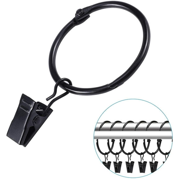 30pcs Openable Curtain Ring Stainless Steel Drapery Rings with Clips, Black